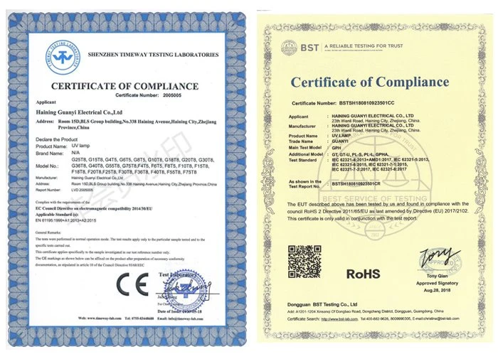 certification of 10W T8 UVC Lamp